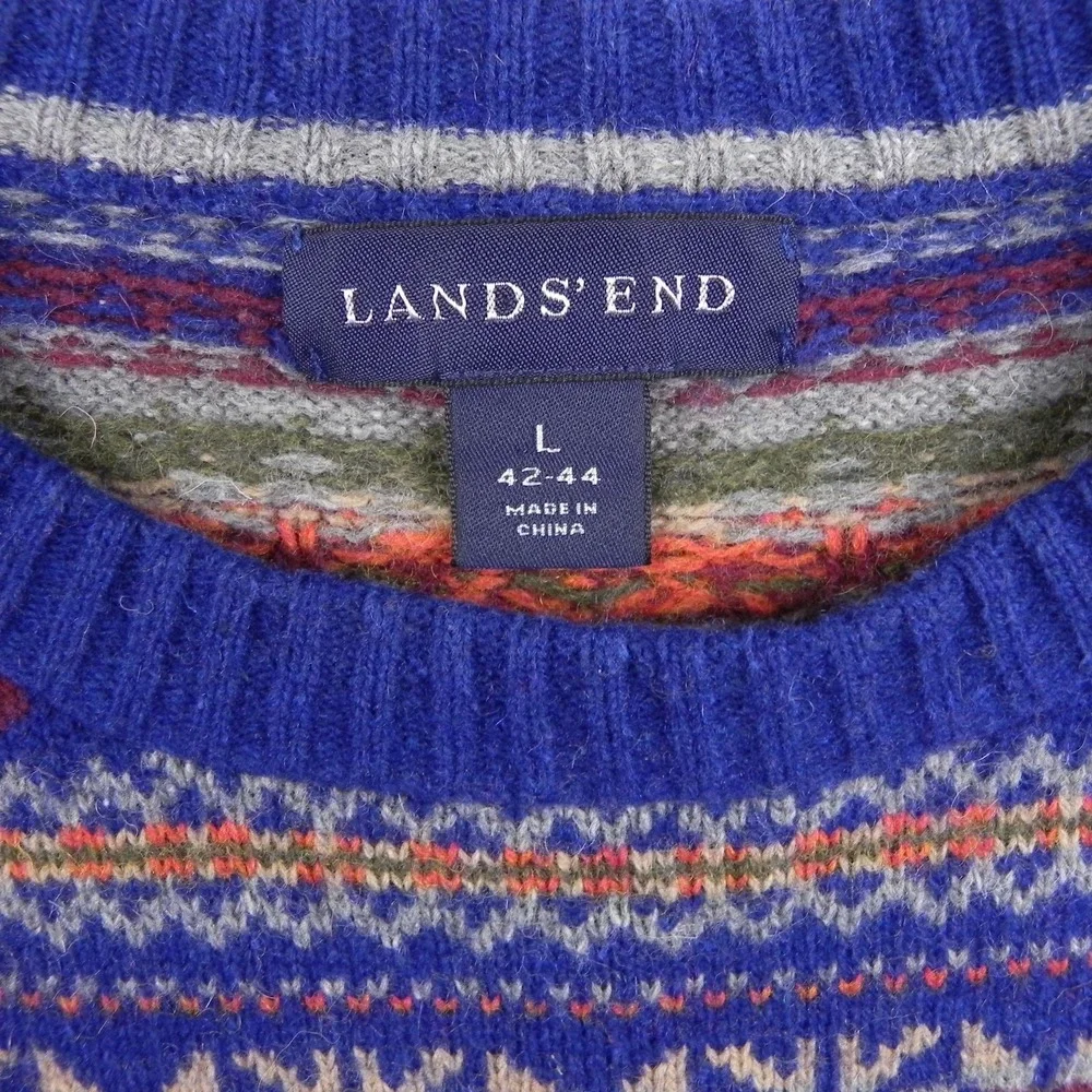 Lands End Sweater Mens Large Wool Blend Pullover Knit Blue Fair Isle Long Sleeve